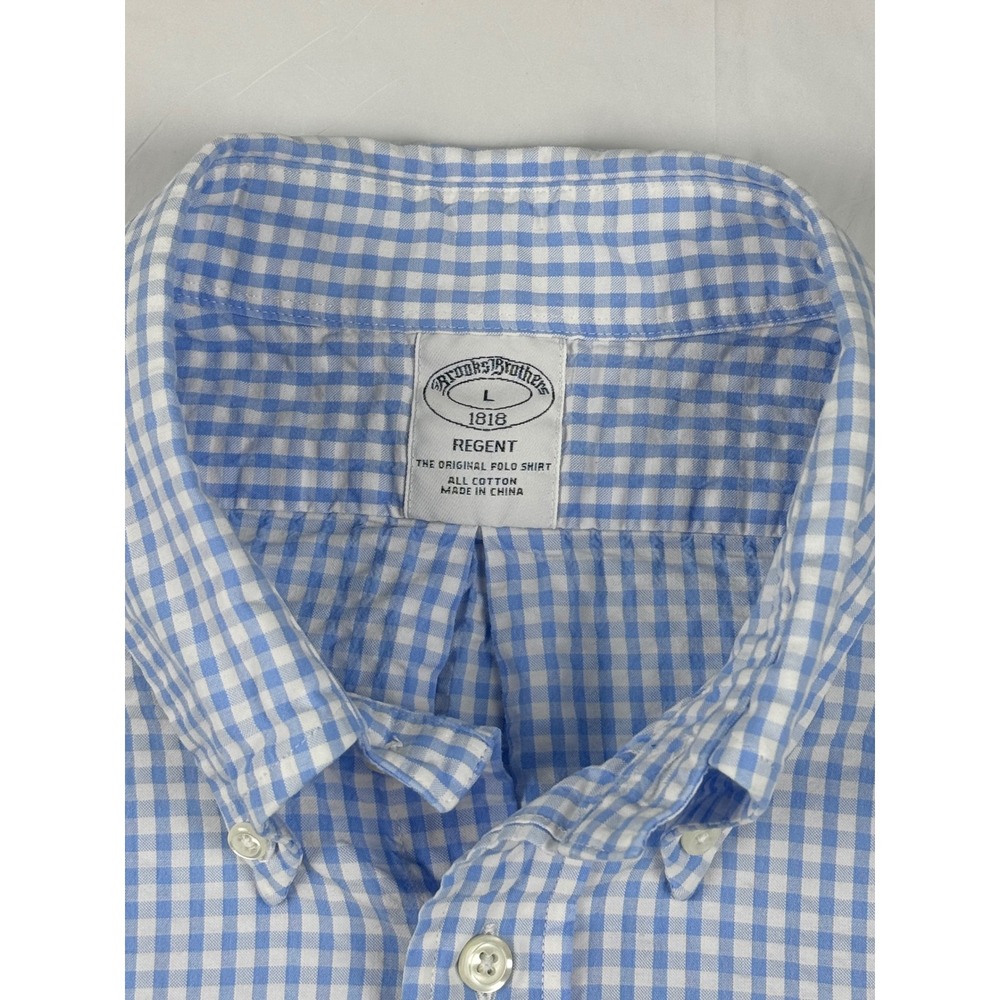 Brooks Brothers Regent Gingham Seersucker Short Sleeve Shirt Blue White Mens L